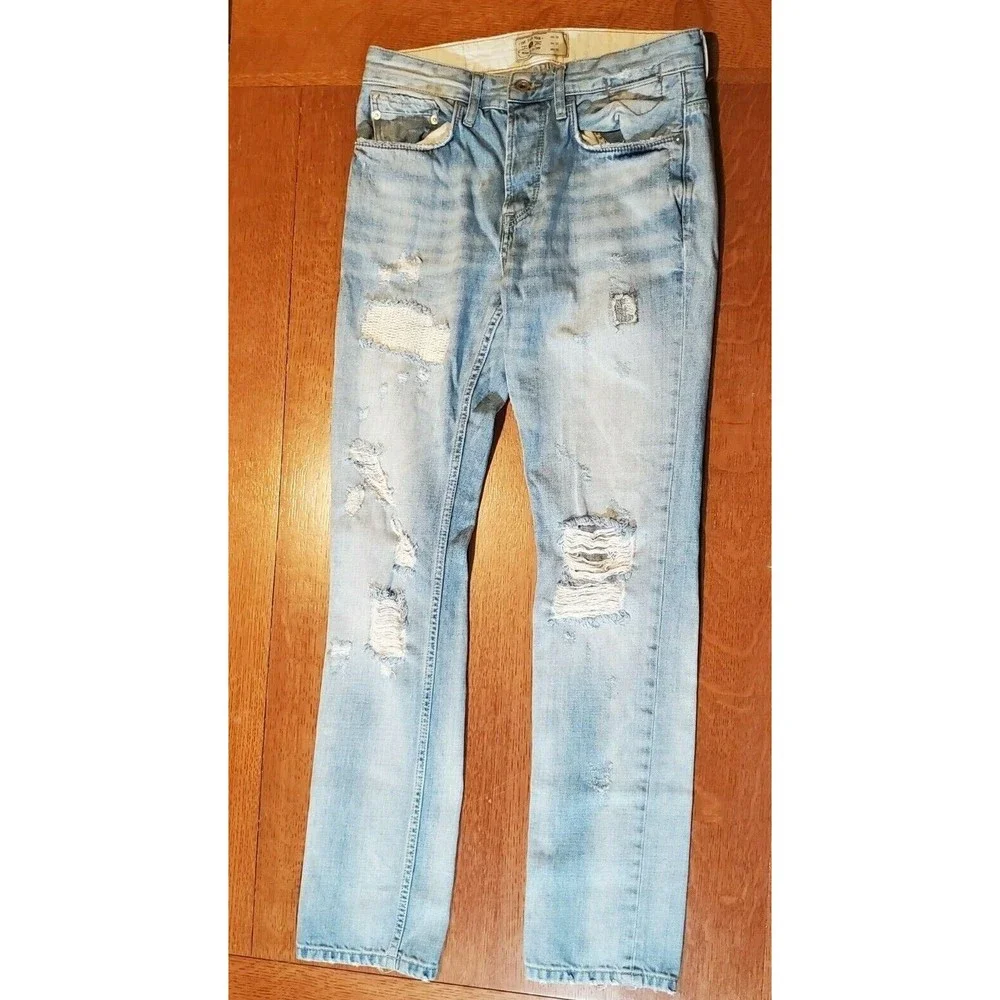 Zara Man Jeans Button Fly Distressed Holes Light‎ Blue - Men Size 29